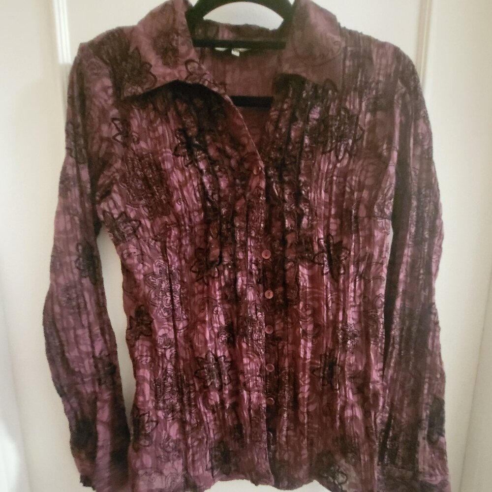 Marie Claire Burgundy Crinkle Floral Blouse - Size Medium